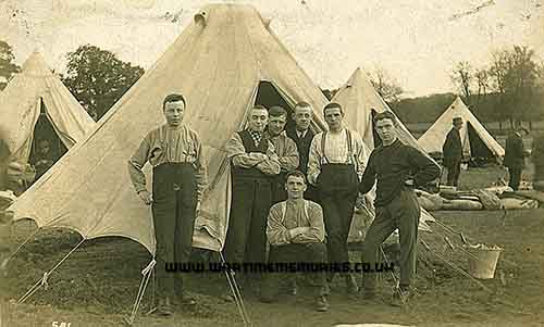 In camp near Uxbridge, Fred is 2nd from right standing.